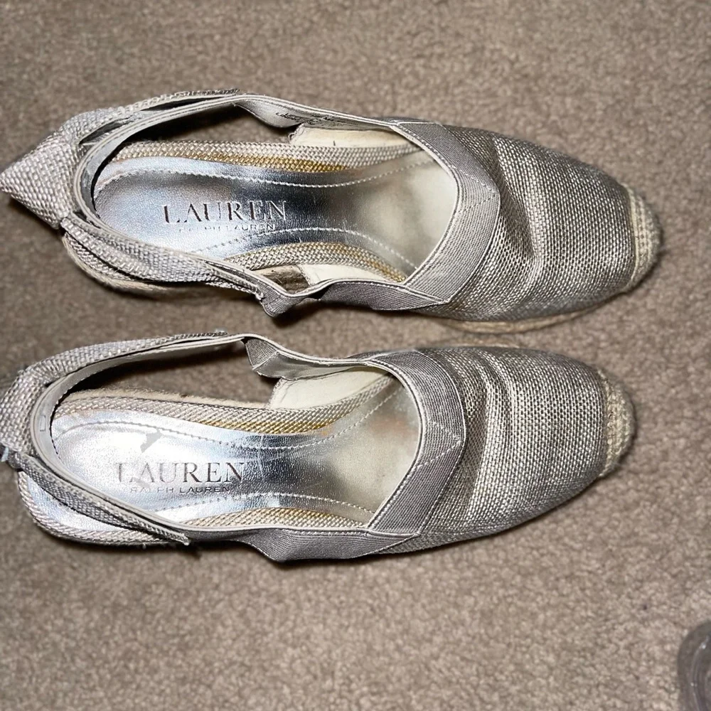 Lauren Ralph Lauren Silver Espadrille Wedges Size 7B Slingback Canvas